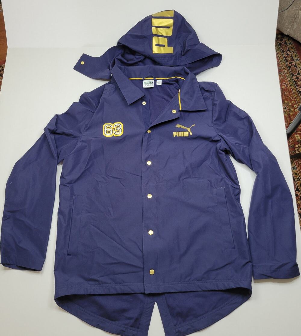 Puma BHM 63 Coaches Jacket Hooded Peacoat Navy Blue Gold Logo Clyde 574192 Small